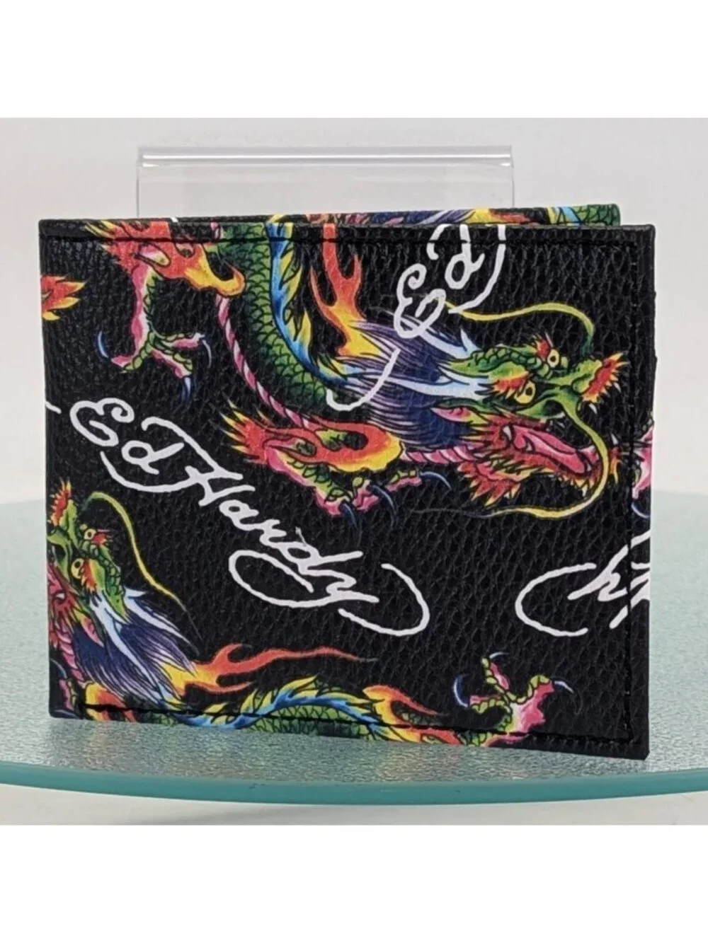 Ed Hardy Men’s Bifold Wallet w Valet Tray Card Slots ID Window Black Dragon -NEW